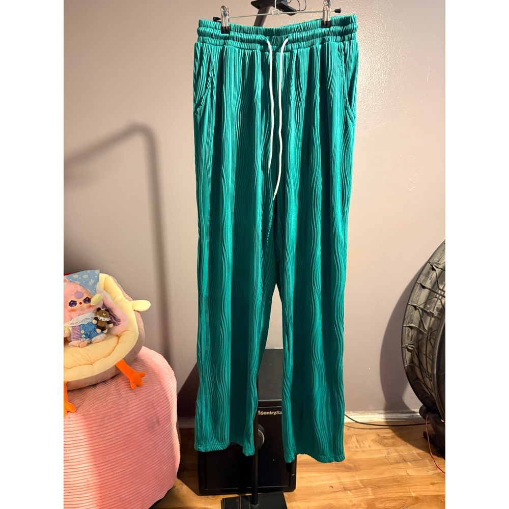 Shein Green Plisse Jogger Pants with Pockets, DrawString Close Sz‎ M